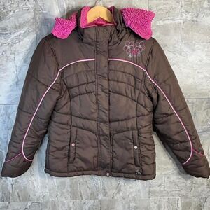 Brown and pink puffer coat with embroidered flowers hood Size 16 Kids wintercoat